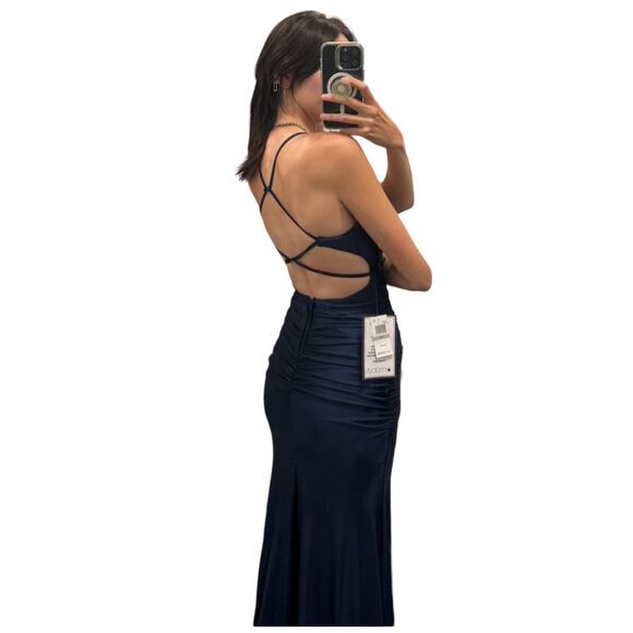 B Darlin Navy Blue Ruched Spaghetti Strap Backless Dress Size 1/2 - Picture 3 of 11